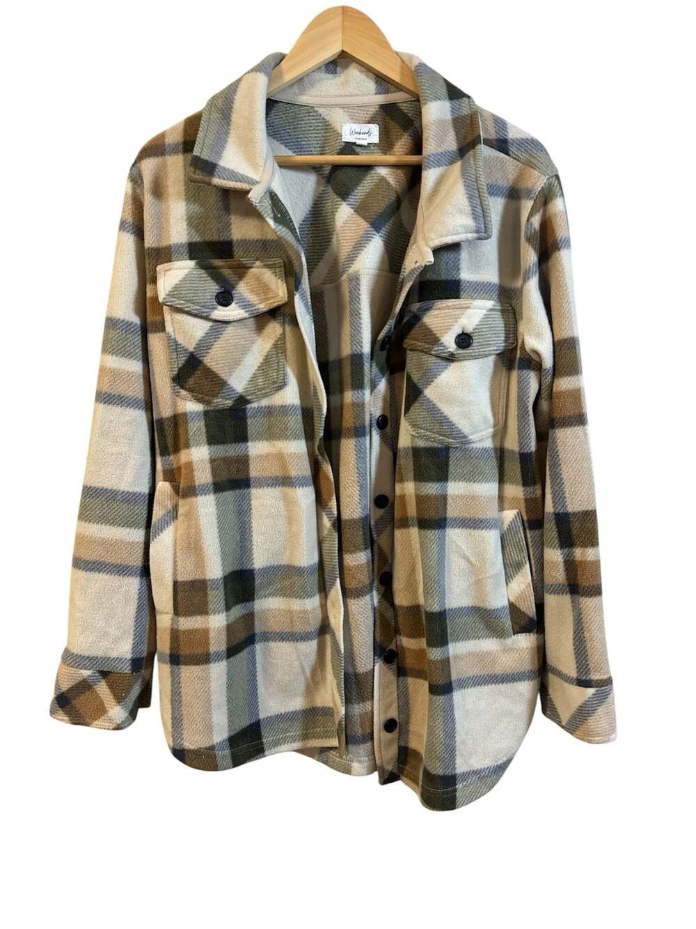 Weekends Everyday Fleece Shacket Size Large Taupe Sage Plaid